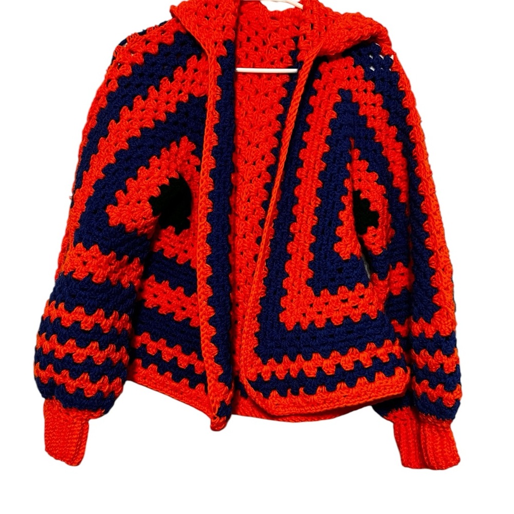 Cozy Hooded Crochet Cardigan in Orange and Blue